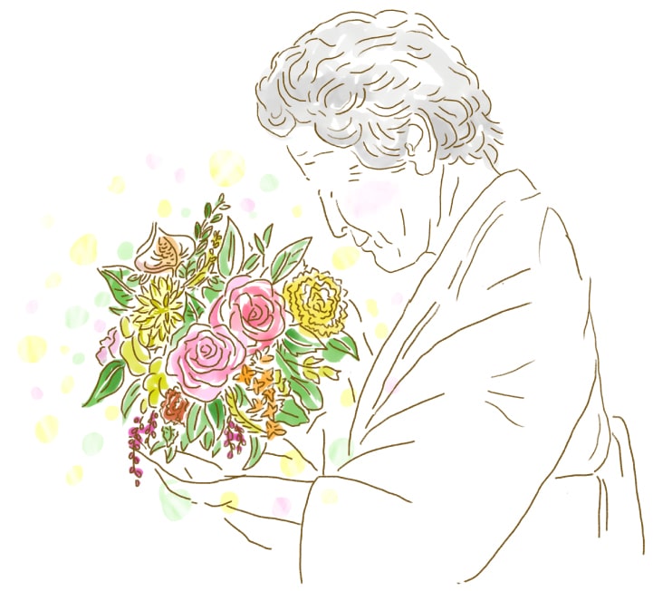 花を抱えるご年配の方のイラスト